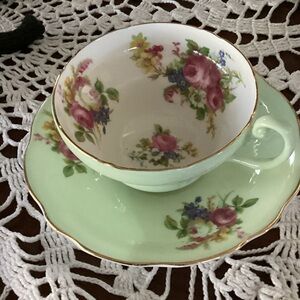 Mint Green Floral Teacup and Saucer with Gold Trim